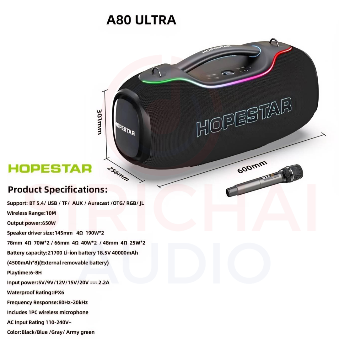 Hopestar 2026 New A80  Ultra High Power Outdoor Speakers with Wireless Mic (650W,AC/DC)