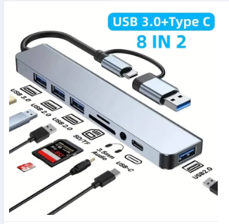 8 in 2 USB +Type C HUB Docking Station with 3.5mm Audio Jack Adapter Micro SD Card Reader Laptop Tablet Phone Disk Converter