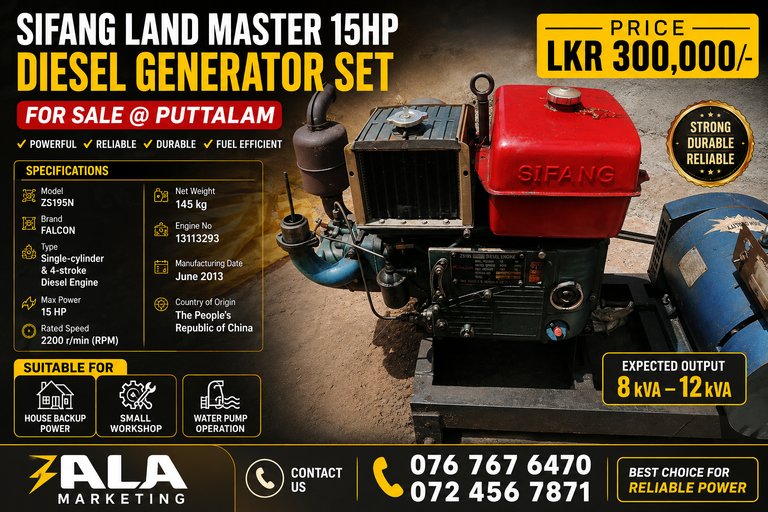 Diesel Generator Set for Sale @ Puttalam 15HP (LKR 300000/-)
