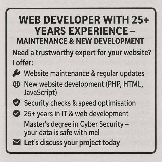 Web Developer with 25+ Years Experience – Maintenance & New Development